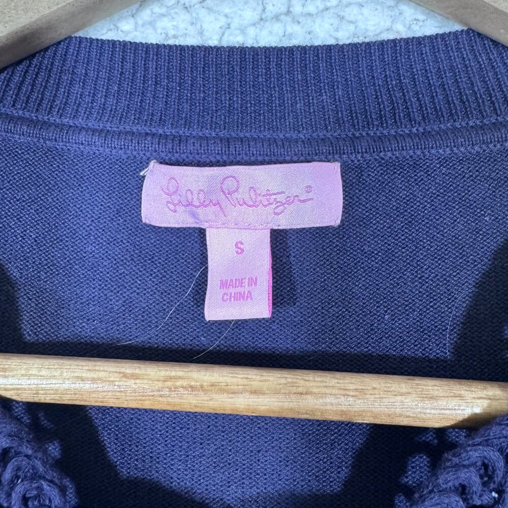 Lily Pulitzer Cap Sleeve Cotton Crochet Sweater Top Size Small Navy Blue - Picture 4 of 5